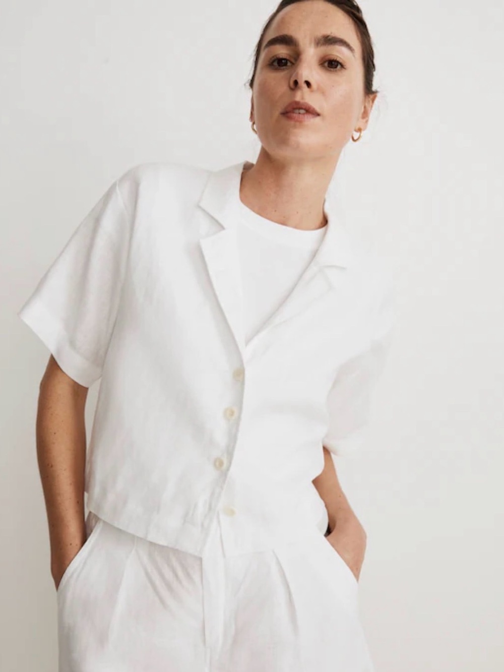 Madewell White Linen Resort Shirt Button-Front Cropped Shirt size Small
